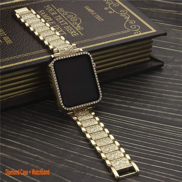 Compatível com Apple Watch Band + Case para 49mm 45mm 44mm 42mm 41mm 40mm 38mm Women Jewelry Diamond Metal Strap 2 Pack Capas protetoras para iWatch Series 8 7 6