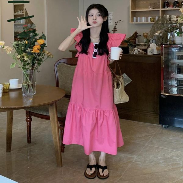 Vestidos casuais 2023 vestido coreano preto renda manga pétala decote quadrado moda versátil