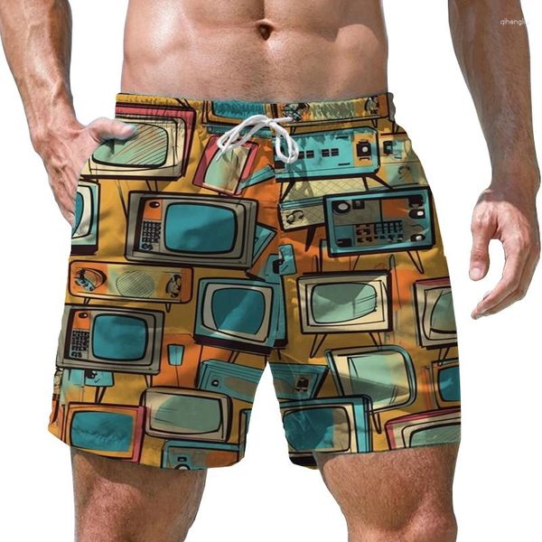 Shorts Masculino Creative TV Impressão 3D Secagem Rápida Surf Solto Casual Verão Praia Férias