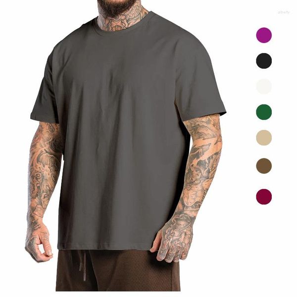 Camisetas masculinas de algodão gola redonda, ombro caído, manga curta