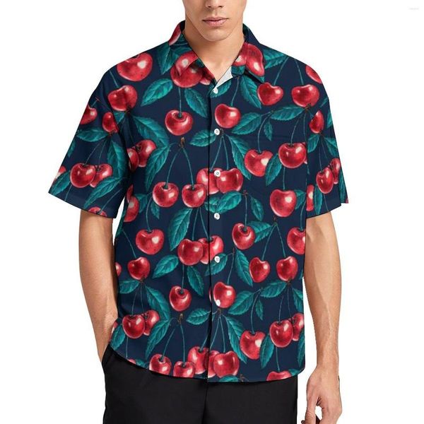 Camisas casuais masculinas Camisa de fruta doce Cerejas Estampa de folhas para férias Loose Hawaii Blusas Harajuku Blusas de manga curta gráficas grandes