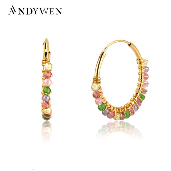 Hoop Huggie ANDYWEN 925 Sterling Silver Multi Mix Color Purple Beads Moonstone Hoops Big Women Fashion Luxury Party Orecchino per regalo 230729