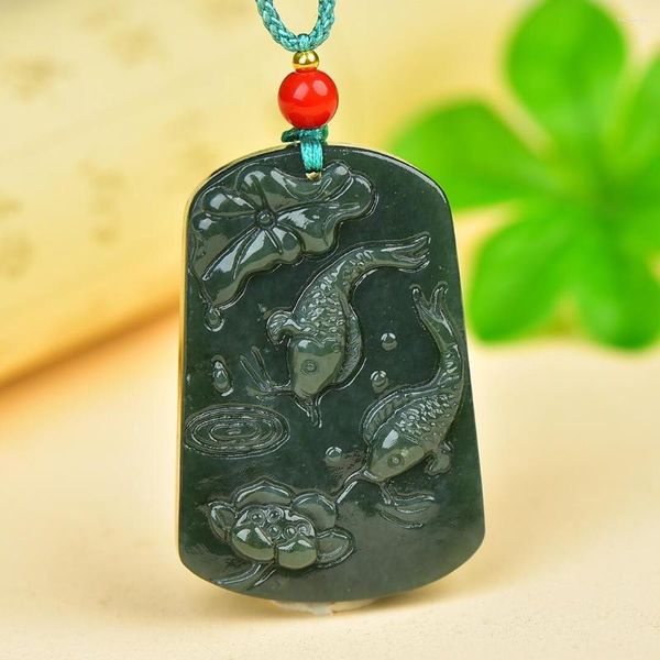 Anhänger Halsketten Senden Zertifikat Natürliche Grüne Jade Fisch Lotus Halskette Männer Frauen Heilung Schmuck Chinesische Nephrit Charms Glück Amulett