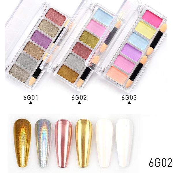 Nail Glitter 1Box6Color Magic Mirror Solid Chrome Pigment Holographic Solid Eyeshadow Aurora Glitter Powder Palette per unghie in gel UV D413 230729