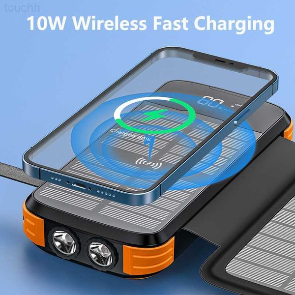 Банки питания сотового телефона 43800 мАч Солнечный банк питания Fast QI Wireless Charger Powerbank для iPhone 13 Samsung Huawei Xiaomi PD 20W Fast Charging PowerBank L230824