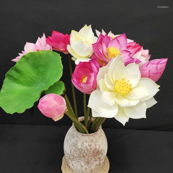 Flores decorativas Simulação de Lótus Simples Decoração de Casa Sala de Estar Jardinagem Feito à Mão Folha Chinesa Planta Artificial