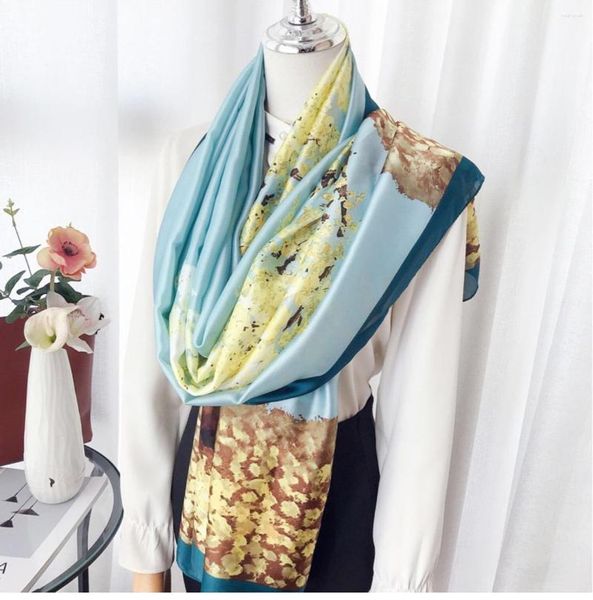 Schals 2023 Spanien Luxus Seidenschal Marke Designer Schöne Gold Blumenschals Pashmina Dame Wraps Foulard Muslim Hijab 180 90 cm