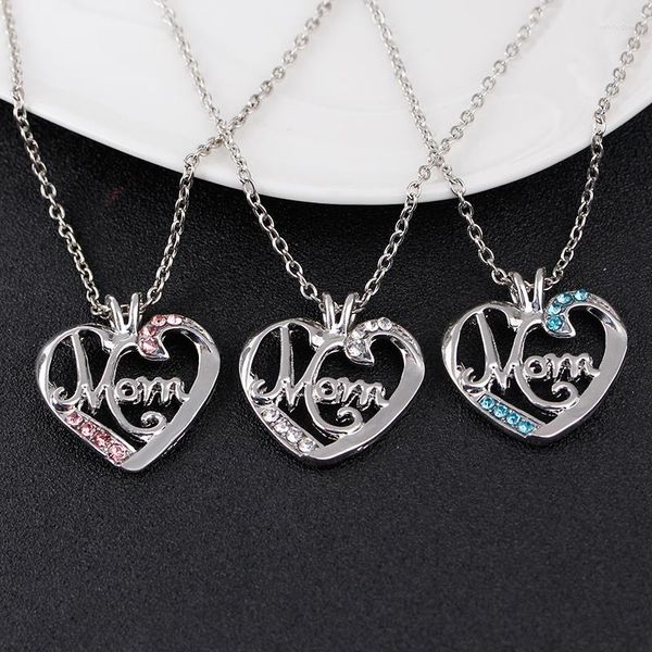 Colares com Pingente Rosa Azul Claro Strass Mom In Heart Forever Statement I Love Mommy Jewelry Christmas Mother Days Gift