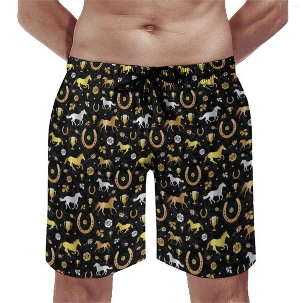 Herren-Shorts, Pferderennen, Derby, Tagesbrett, Schwarz, Gold, Kunst, bequem, Strand, Trenky, große Badehose, Herren