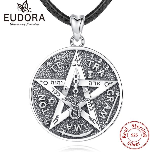 Stränge Saiten EUDORA 925 Sterling Silber Pentagramm Runen Halsketten Amulett Lederkette Schutzstern Tetragrammaton Anhänger für Herrenschmuck 230729