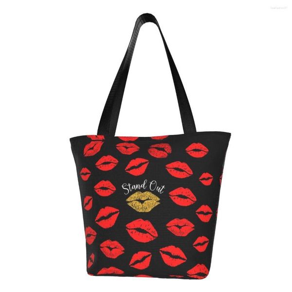 Sacolas de compras destacam-se batom vermelho lábios impressão de mantimentos bolsa de ombro bolsa de compras grande capacidade bolsa lavável