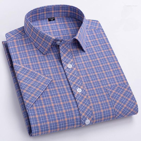 Camisas casuais masculinas para verão manga curta xadrez com bolsos de algodão confortável xadrez fino camisa de negócios grande tamanho 6XL