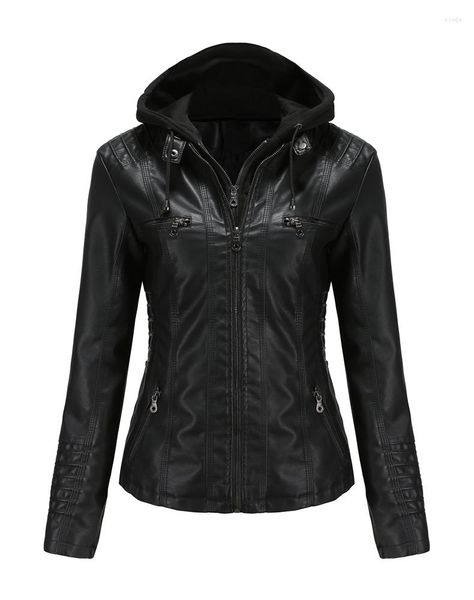 Jaqueta sintética feminina de couro outono inverno PU preta feminina street moto biker casaco com capuz feminino tamanho grande moda agasalhos