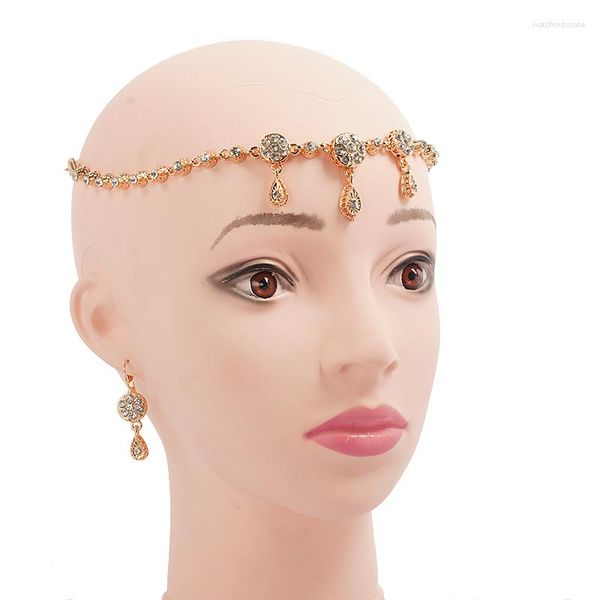 Haarspangen, Wassertropfen, Stirnschmuck, Kette mit Kristall, vergoldeter Kopfschmuck, Brautkopfschmuck, arabische Hochzeitsaccessoires