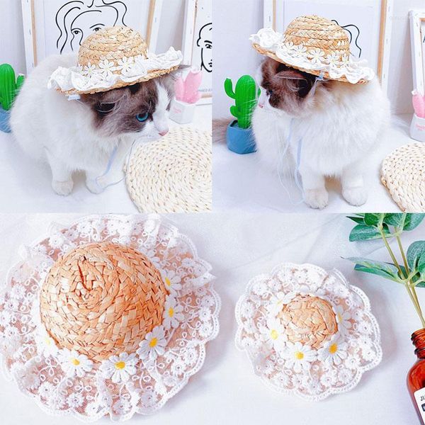 Roupa para cães 1 peça para animais de estimação chapéu de palha feito à mão ajustável floral verão primavera festa gracioso gatos bonitos cães boné decoração diária chapéu de sol