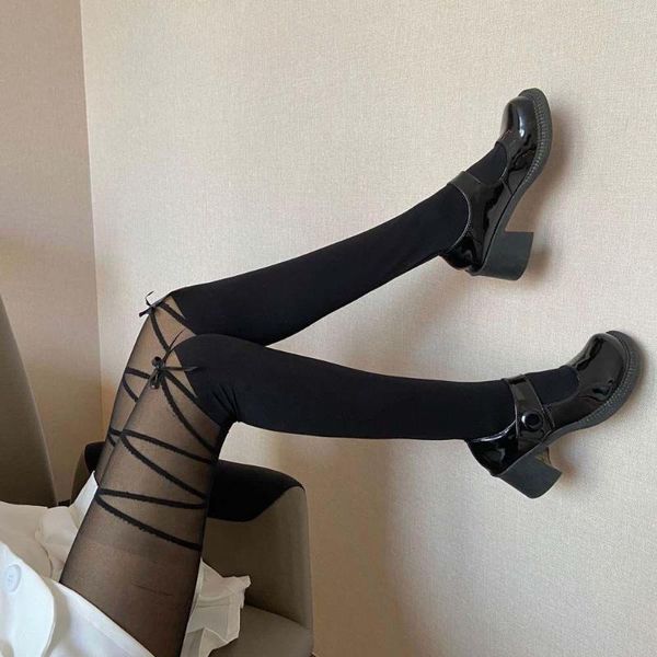 Meias Femininas Lolita Cross Bandage Gravata Laço de Fita Preto Escuro Meias de Seda Costuradas Básicas Coxa Meia-calça Meia-calça