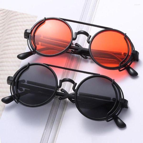 Occhiali da sole Punk Steampunk Double Spring Temples Occhiali da sole Fashion Trendy Gothic Style Round UV400 Protection Eyewear