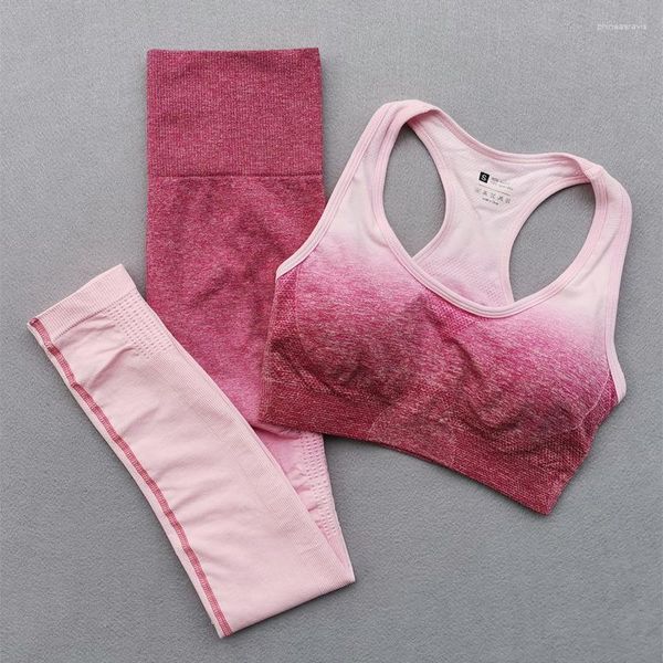 Set attivi Completo sportivo da donna Palestra Set da yoga Abbigliamento fitness Ombre Leggings senza cuciture Reggiseno imbottito sportivo 2 pezzi da corsa