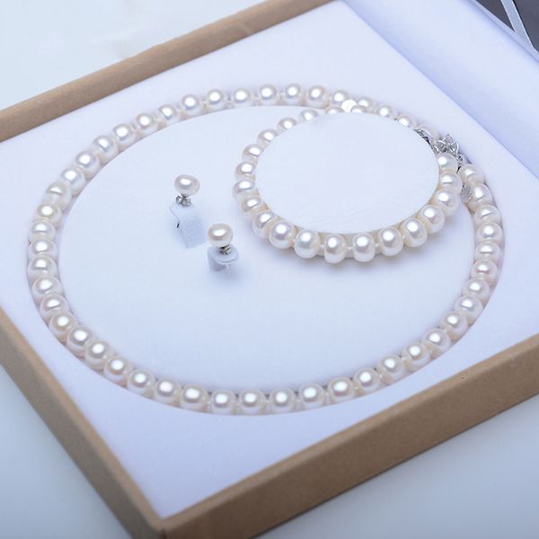 Hochzeit Schmuck Sets Perle Echte Natürliche Süßwasser Halskette Armband 925 Sterling Silber Ohrringe Für Frauen Geschenk Trend 230729