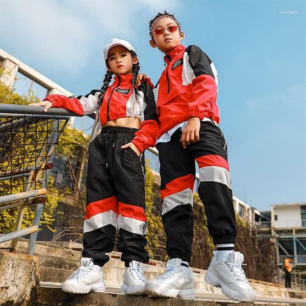 Abbigliamento da palcoscenico Costumi di danza jazz per bambini Giacca rossa Pantaloni sportivi Tuta Abbigliamento hip-hop per ragazze Sala da ballo Moderna Abbigliamento307p