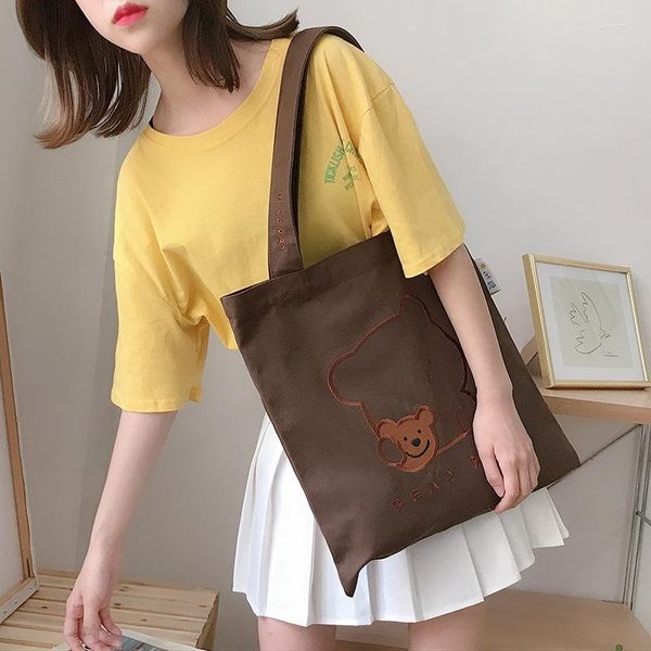 Bolsas de noite com bordado de urso para mulheres, bolsa de ombro em tecido de algodão, bolsa interna com zíper, bolsa de livros, bolsa fofa para meninas