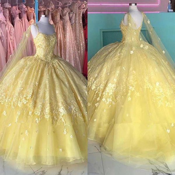 2023 Gelbe Spitzenblumen Quinceanera-Kleider mit Kappe, Tüll, Perlen, Spaghetti, trägerlos, Schnür-Ballkleider, formelles Kleid, Sweet 15, 162565