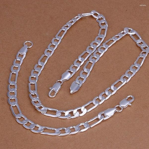 Halskette Ohrringe Set 925 Farbe Silber Weihnachtsgeschenke Mode Charme Schöne Männer Frauen 8MM Figaro Kettenarmbänder
