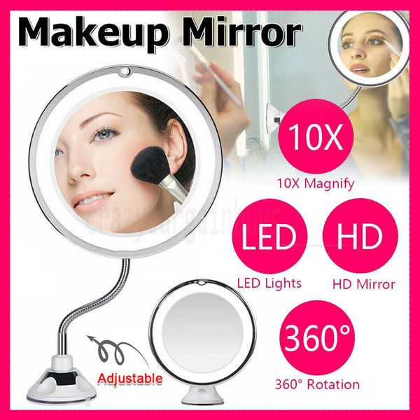 10X Espelho de Maquiagem Ampliador Pescoço de Ganso Espelho de Ampliação para Banheiro + Luz LED