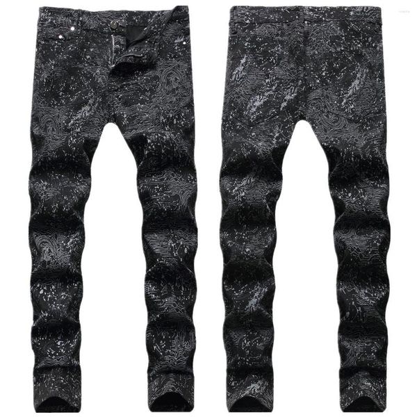 Jeans Masculino Estampado Hip Hop Personalizado Colorido Pintado à Mão Graffiti Calça Slim Fit Boate Coquetel Preto