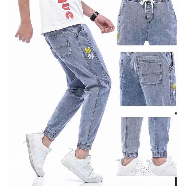 Artigos mais recentes Jeans largos com cordão na cintura Jeans masculinos Streetwear Elástico Cuff Kpop Roupas casuais Perna larga Harajuku Cinza Azul262o