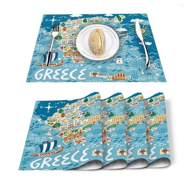 Runner da tavola 4/6 pezzi Set di tappetini Mappa dell'isola della Grecia Tovagliolo stampato in cartone animato Accessori per la cucina Tovagliette decorative per feste domestiche