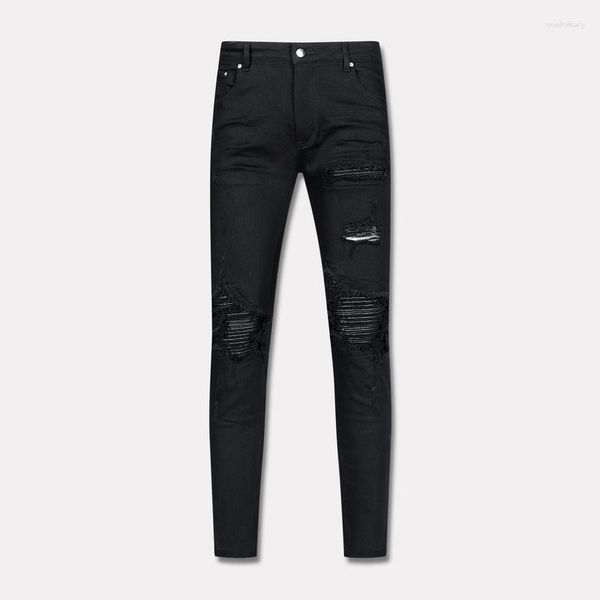 Мужские джинсы High Street Fashion Men Men Black Color Elastic Etrastic Skinny Ruped Кожаная патч -дизайнерский дизайнер бренд хип -хоп