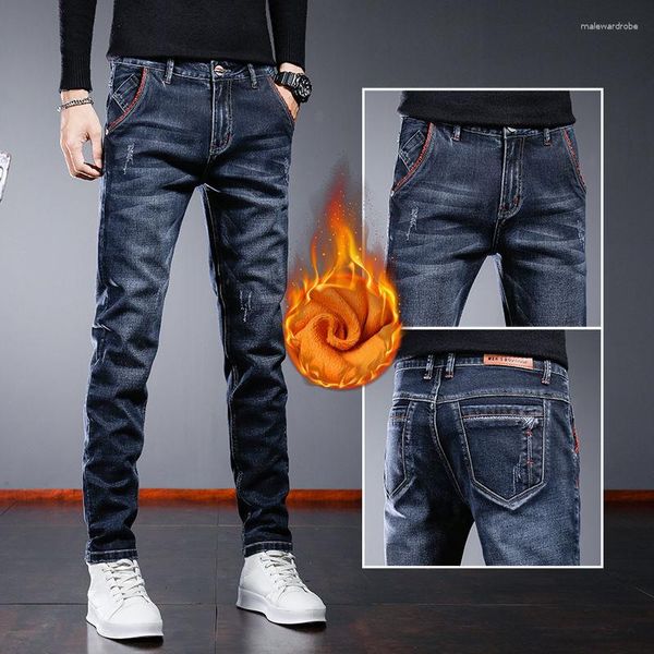 Jeans da uomo Pantaloni invernali Denim spazzolato Slim Streetwear Skinny Strappato Stivali di velluto Taglio coreano Moda anni '90 Pantaloni Uomo