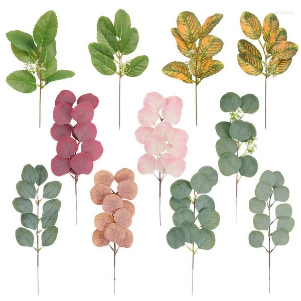 Fiori decorativi Ramo di eucalipto artificiale Pianta verde fai-da-te Asta per cintura multicolore Appesa Decorazione per ufficio crema bianca