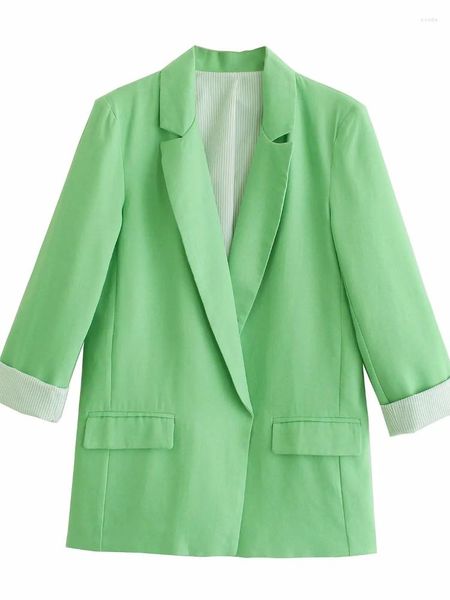 Abiti da donna Blazer Donna 2023 Primavera Autunno Moda Verde Polsini larghi arricciati Street Pantaloni a vita bassa Giacca Office Lady Abbigliamento Cappotto