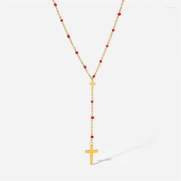Anhänger Halsketten Y-förmige Halskette Rote Öltropfenperle Vergoldetes Kreuz Minimalistischer Choker Memorial Day Party Schmuck Geschenke