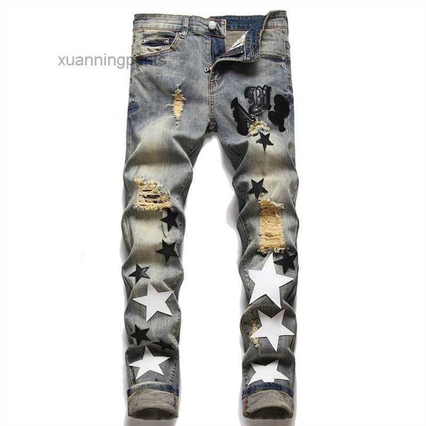 Jeans Masculino European Jean Hombre Letter Star Men Bordado Patchwork Jeans Skinny Rasgado Masculino YU5L