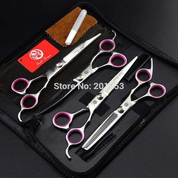 7 0 дюймов 4pcs Set JP440C Purple Dragon Pet Grooming Ncissors Серебряные ножницы для собак Большие прямые разреживающие ножницы LZS0508257Q