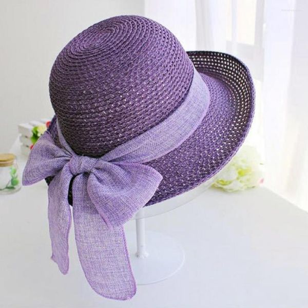 Cappelli a tesa larga Cappello estivo da donna Nastro da spiaggia Bowknot Decor Paglia Cupola tonda Donna Grande protezione solare Viaggio da donna