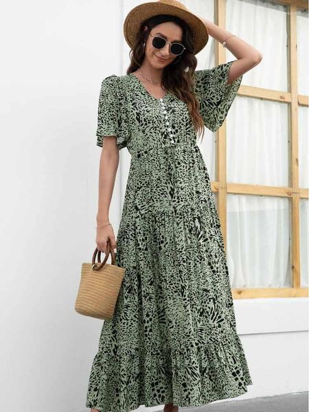 Платья для вечеринок Summer Fashion Solid Green для женщин винтажное богемное мягкое макси -отдых Retro Sexy V Neck Rufffle Long Hoot