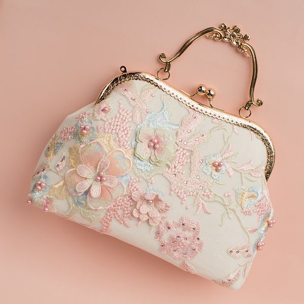 Borsa da sera in pizzo rosa Lolita Pearl Beaded Frame lady Tote Vintage Solid Clear Bag Borsa a mano con tessuto di cotone bianco 230729