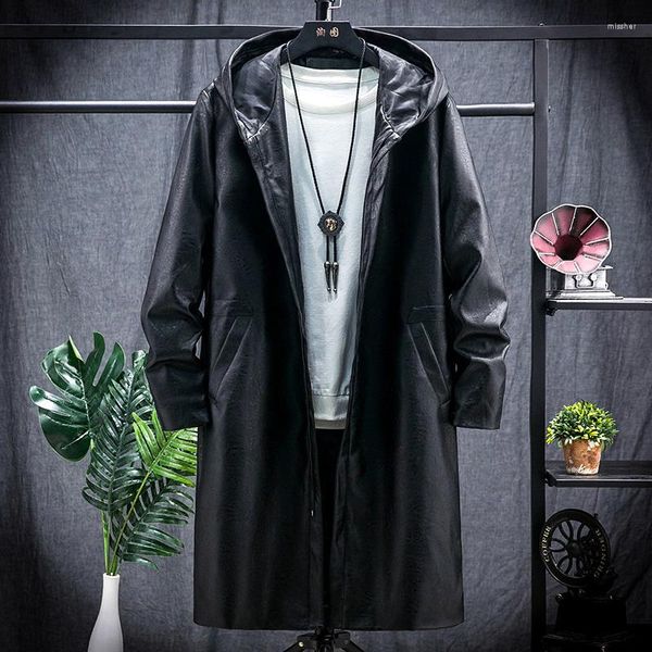 Trench da uomo Uomo Stile Autunno Lungo Inverno Cappotto in pelle PU con cappuccio Versione coreana Tendenza giovanile Velluto Spessa Mantella soprabito