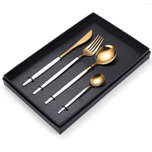 Conjuntos de louças talheres pintados em ouro branco conjunto 4 pçs talheres 18/10 garfo de aço inoxidável colher faca caixa de presente para jantar