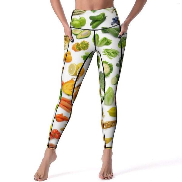 Leggings femininas Calças vegetarianas para ioga Sexy frutas e vegetais Estampa leggins de cintura alta para academia Feminino Kawaii Elástica Calças justas esportivas