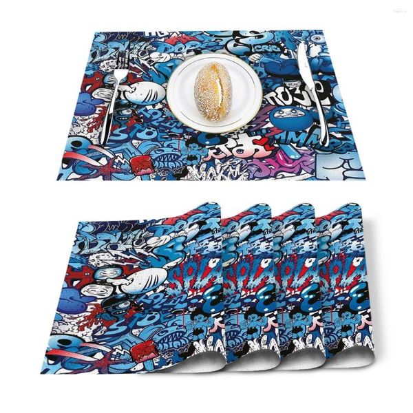 Masa Runner 4/6pcs Set Paspas Mavi Patlama Punk Graffiti Baskılı Peçete Mutfak Aksesuarları Ana Sayfa Parti Dekoratif Placemats