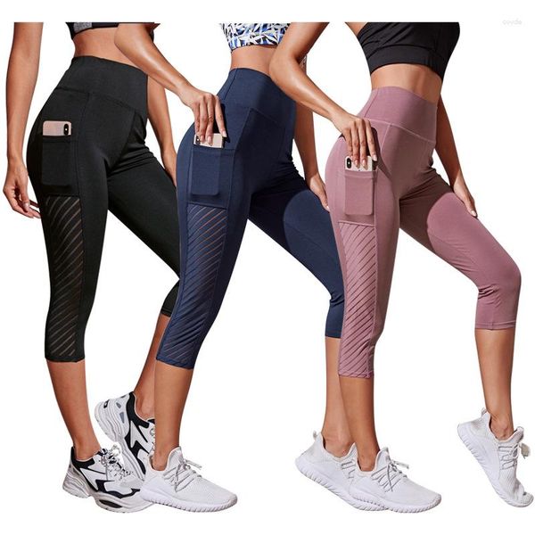 Kadın Tayt Aqek Buzağı Uzunluk Izgara 3/4 Yoga Pantolon Capri Swearypants Fitness Spor Salonu Yüksek Bel Kızlar Siyah Koşu