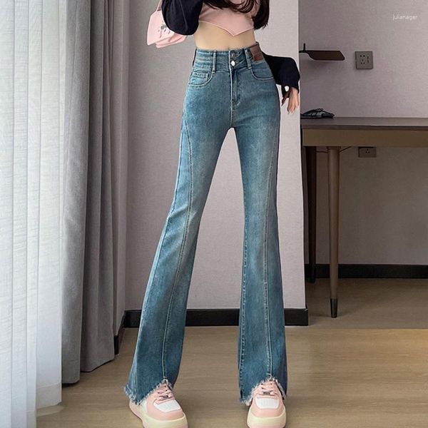 Jeans da donna elasticizzati a vita alta con fondo a zampa Spice Girl pantaloni larghi con fessura sottile Y2k pantaloni svasati moda retrò