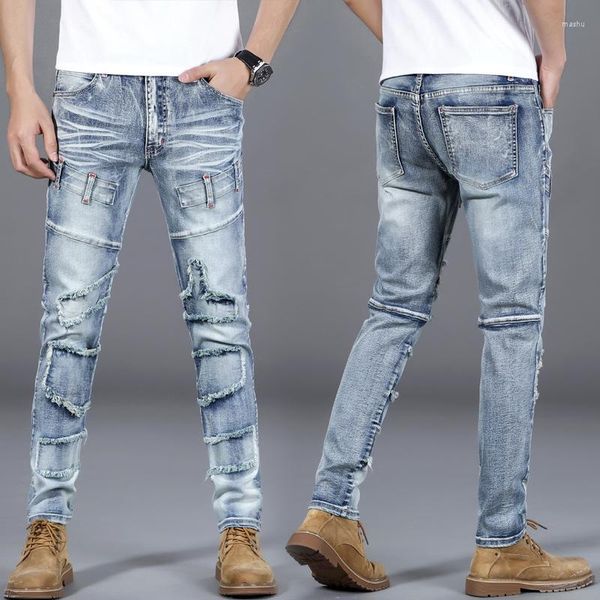 Мужские джинсы Мотоцикл мода Slim Fit Pants Straight Risteve High -Caffice Stretch Panel Cool Denim