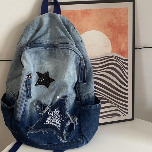 Mochila escolar feminina Y2k estilo coreano denim bolsa escolar para menina padrão estrela adolescente estudante mochila livro bordado mochila 230729