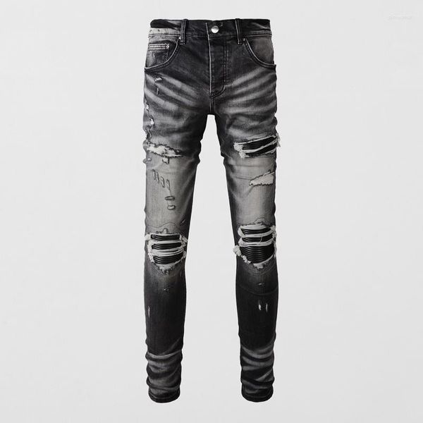 Мужские джинсы Street Fashion Men Men Retro Black Grey Elastic Slim Fit Ruped Кожаная патч -дизайнер Hip Hop Brants Hombre